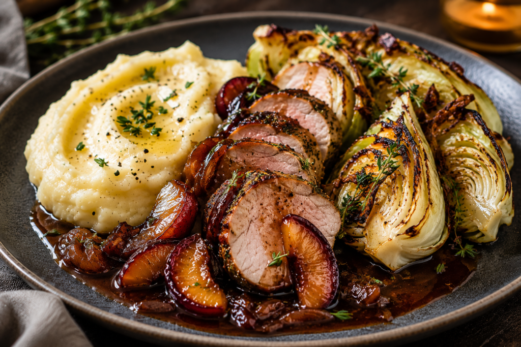 Örtstekt fläskfilé med plommon- & balsamicosky, rostad spetskål & krämig potatispuré