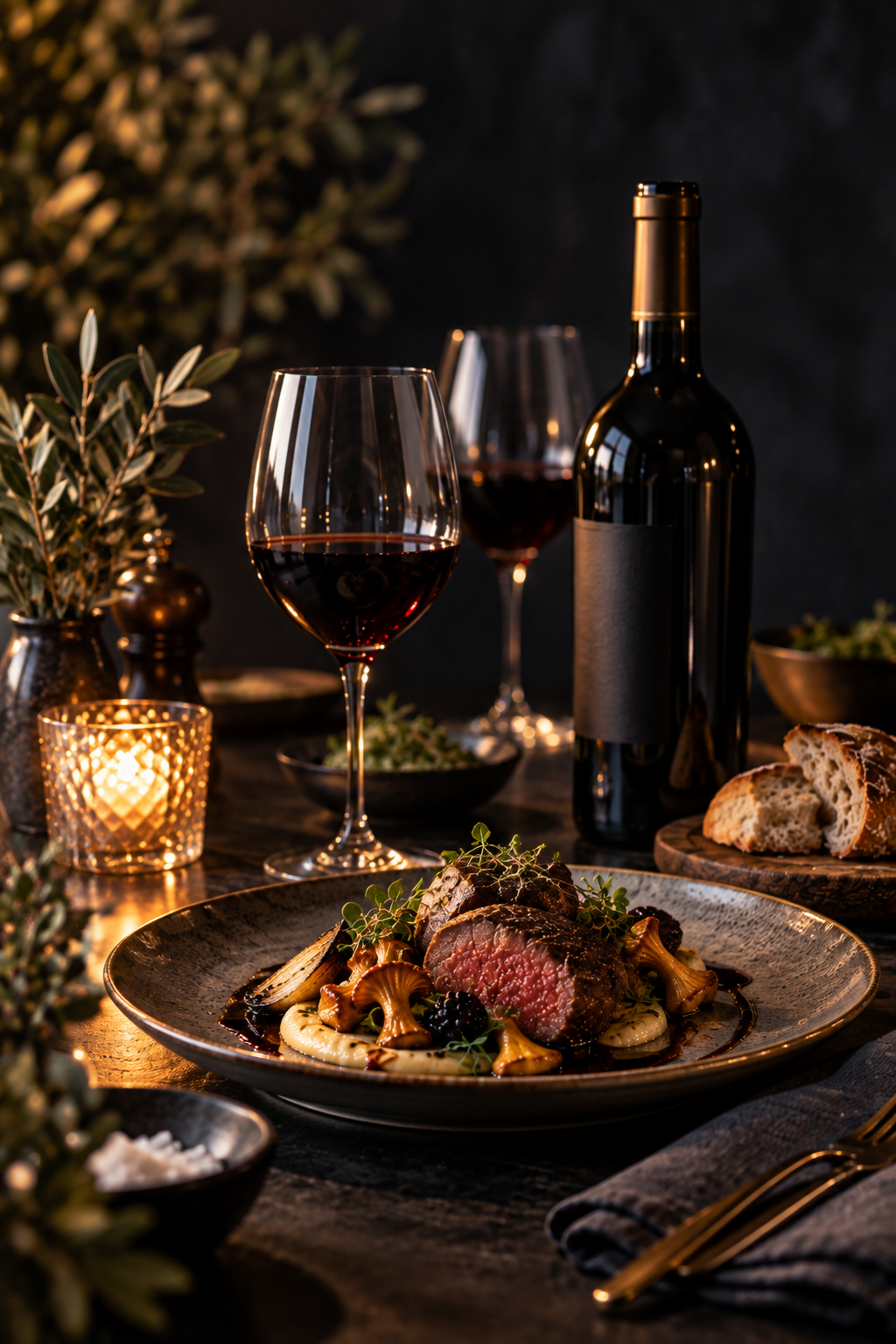 Vin, vinglas och middag i stämningsfull miljö
