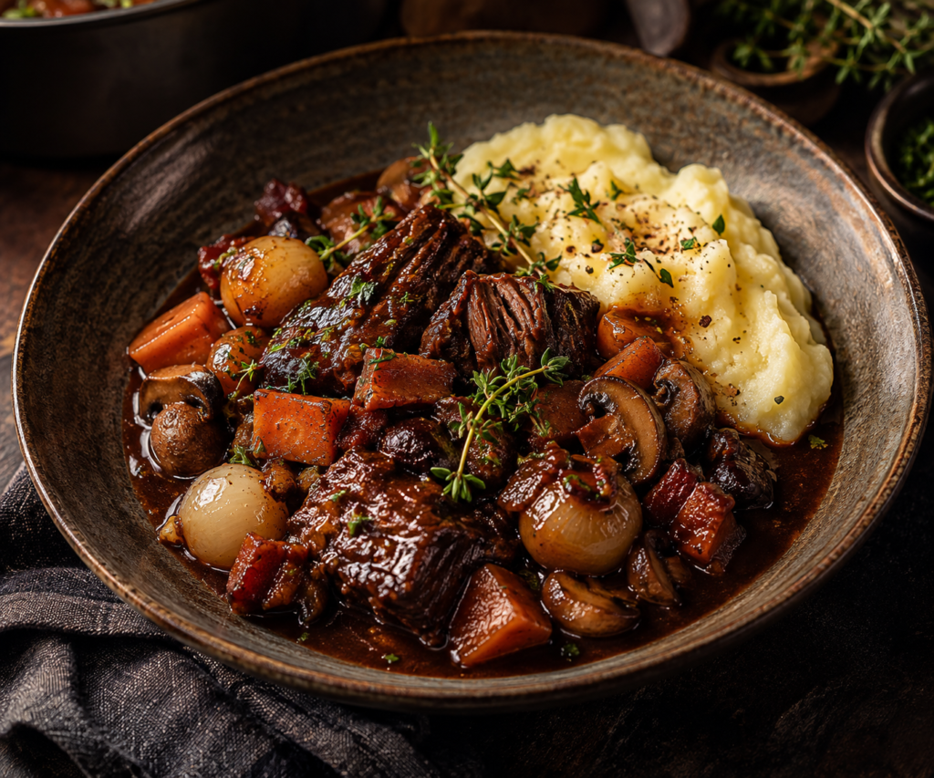 Fransk högrevsgryta med rödvin, bacon, svamp & smålök