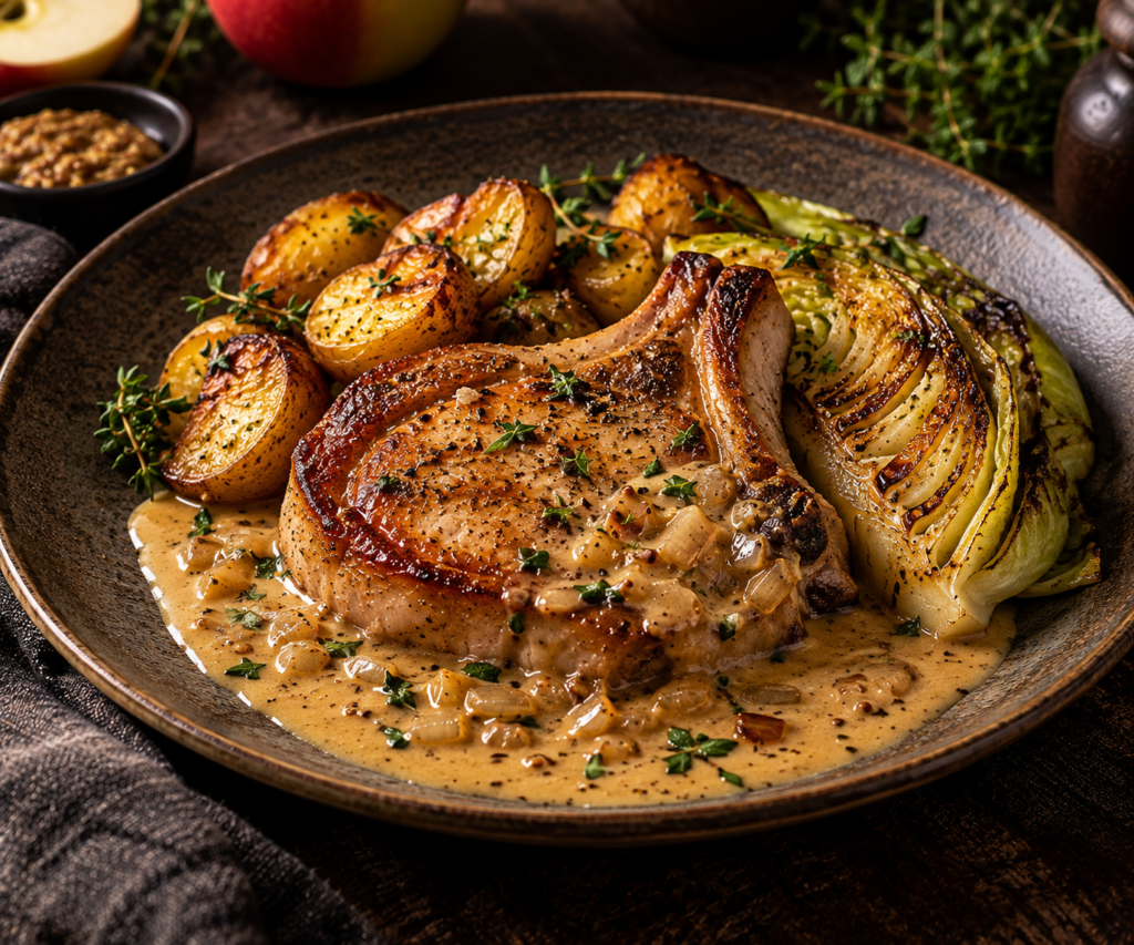Fläskkotlett med äppelcidersås, rostad potatis, spetskål & dijon