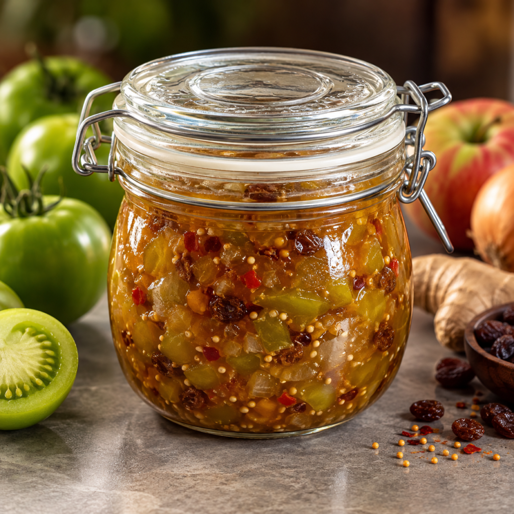Grön tomatchutney med äpple, russin, ingefära & chili