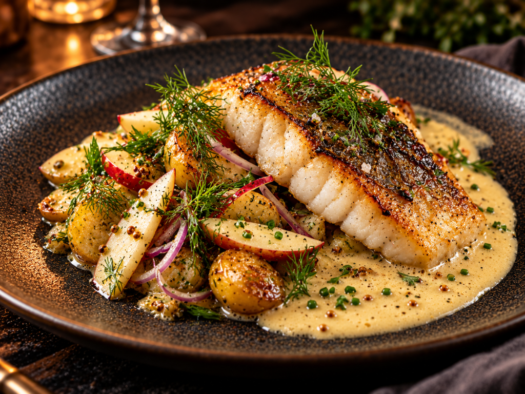 Smörstekt gös med varm potatis- och äppelsallad & senapsbeurre blanc