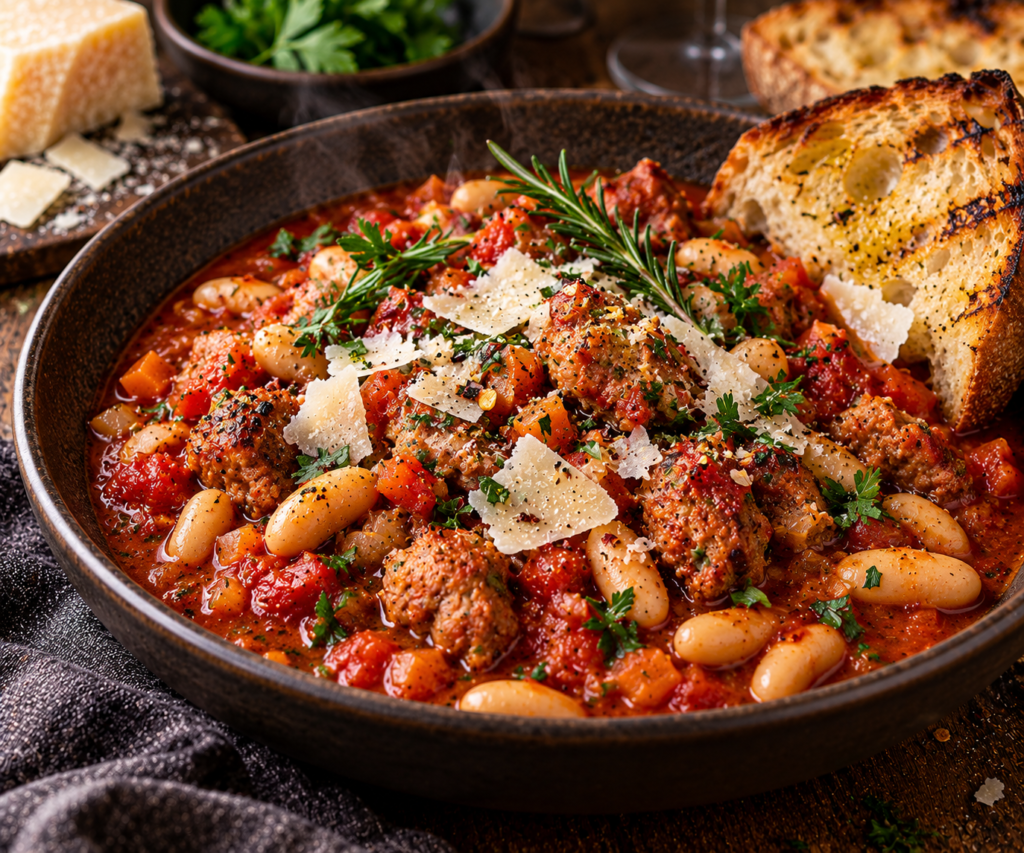 Italiensk salsicciagryta med tomat, vita bönor, rosmarin & parmesan